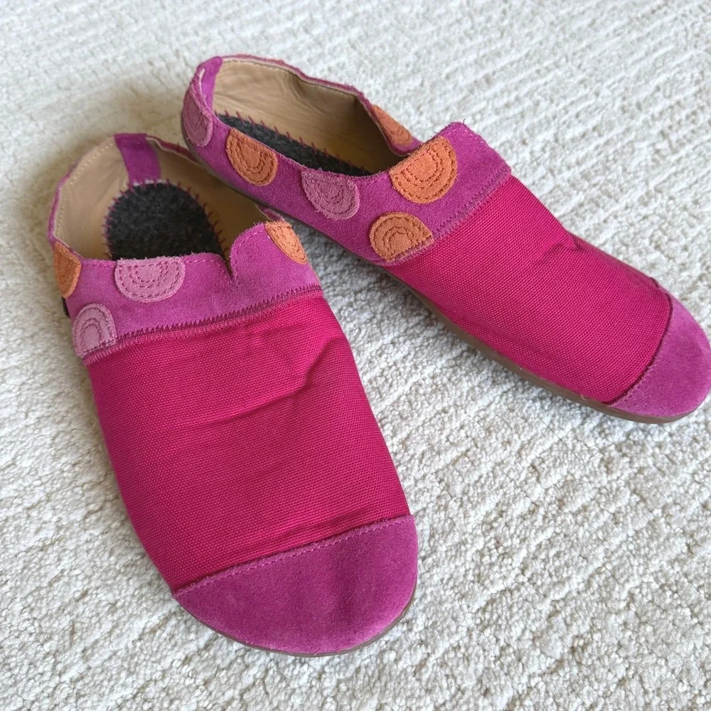 Haflinger Pink Suede Felt Dots Canvas Slip On Loafers Slippers Size 40 9/9.5 US